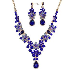 Blue crystal necklace earring set w/ teardrop crystal pendant Y neck design New